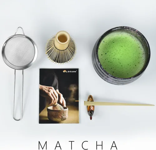 Vista 7 de Artcome Kit de ceremonia de matcha para ceremonia de té japonesa, cuenco tradicional de matcha, batidor, cuchara de té, colador de polvo matcha Negro