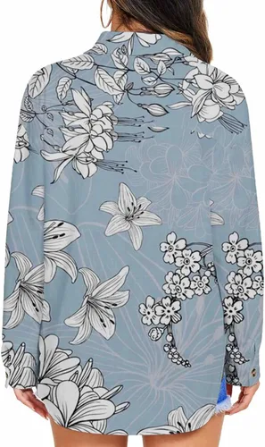 Vista 2 de Womens Oversized Jackets Lightweight Button Down Casual Bomber Jacket Floral Print Coat Lapel Collar Short Outwear Tops