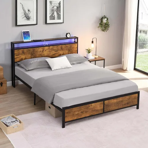 Vista 7 de Base de cama de tamaño matrimonial con luces LED y 2 puertos USB, base de cama de plataforma de metal industrial con cabecera de madera