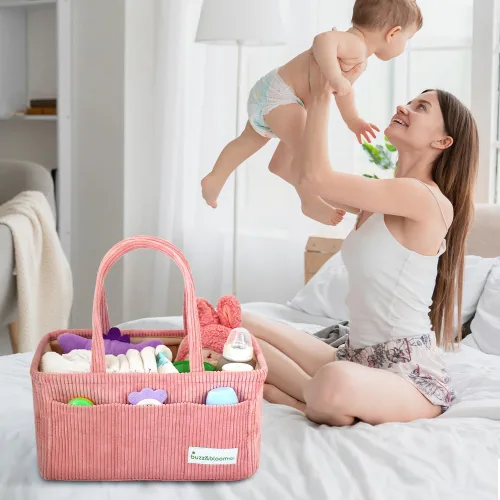 Vista 7 de Buzz&Bloom Organizador de pañales para bebé, elegante cesta de almacenamiento para artículos esenciales para recién nacidos y estación de pañales
