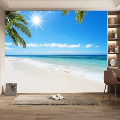Vista 8 de Mural de pared 3D Ocean Beach, paisaje tropical, papel tapiz autoadhesivo extraíble para sala de estar, dormitorio, decoración de pared, 59 pulgadas