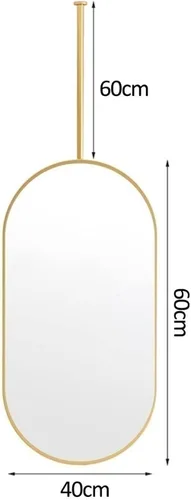 Vista 2 de Espejo ovalado para colgar en el techo, espejo de pared flotante para baño, espejo montado en el techo con marco de metal negro y pluma - dorado