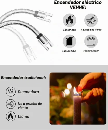 Vista 6 de VEHHE - Encendedor de velas eléctrico, encendedor de arco recargable con batería LED, pantalla de batería, cuello flexible largo, USB, encendedores