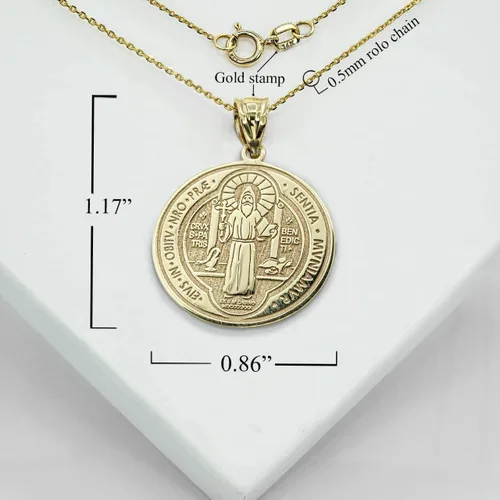 Vista 3 de Medalla De San Benito - Collar con colgante de moneda de oro amarillo de 14 quilates con cadena Rolo y colgante solo