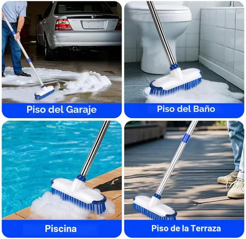 Vista 6 de Cepillo de limpieza de suelo con mango largo, cepillo 2 en 1, escoba de cerdas rígidas y cepillo de limpieza para suelos de azulejos, terraza