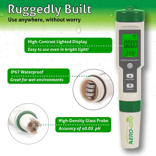 Vista 6 de Medidor digital 5 en 1: 5 funciones: pH, TDS, EC, % de salinidad, salinidad ppm y temperatura, impermeable IP67, probador tipo bolígrafo