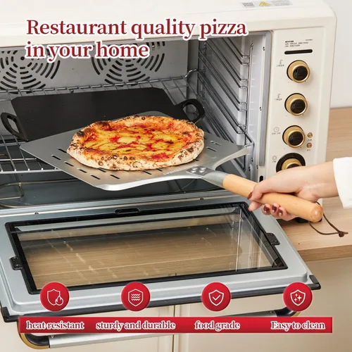 Vista 5 de Cáscara de pizza de 12 pulgadas – Espátula de pizza de aluminio anodizado con mango de madera – Ideal para horno de pizza y hornear, pelar ligero