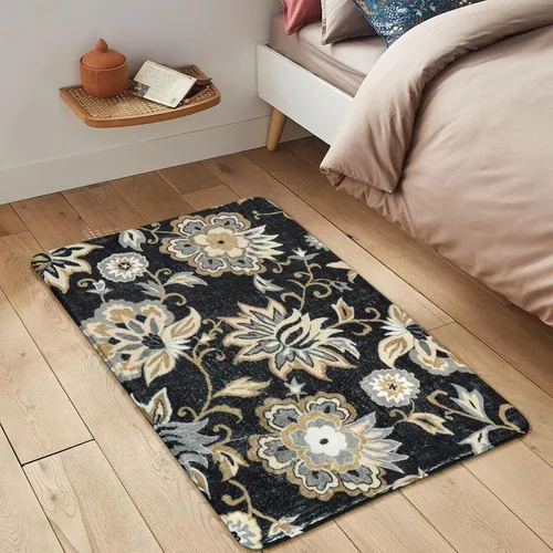 Vista 3 de Lahome - Tapete floral con estampado de cachemira, lavable, antideslizante, pequeño, anti-manchas, suave, para baño, entrada, dormitorio, Negro