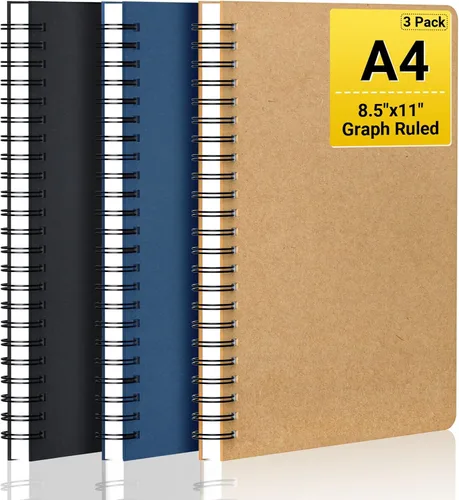 Vista 8 de EUSOAR Cuaderno de cuadrícula en espiral, 3 paquetes A4 de 11 pulgadas x 8-1/2 pulgadas, tapa dura, diario negro, 120 páginas/60 hojas de papel