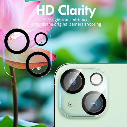 Vista 7 de Protector de lente de cámara compatible con iPhone 15 y 15 Plus, cubierta de cámara de vidrio templado de dureza 9H, Ultra HD, antiarañazos, fácil