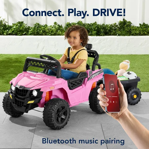 Vista 11 de Best Choice Products Carro Eléctrico Montable UTV de 12V para Niños con Remolque con Control Parental, Luces LED, 2 Velocidades, Bluetooth - Rosa