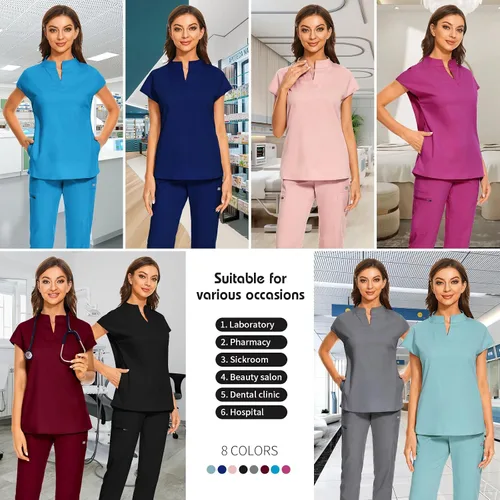 Vista 6 de VIAOLI Conjunto de uniforme médico para mujer con cuello en V y pantalón deportivo y 8 bolsillos para enfermería y trabajo clínico
