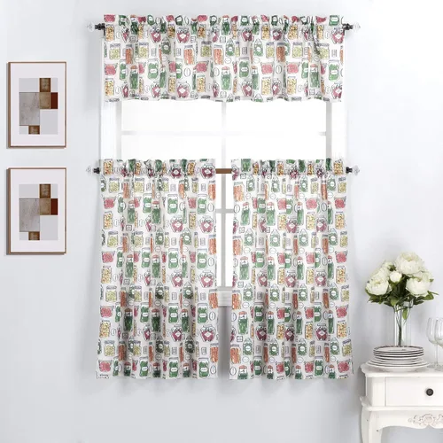 Vista 4 de Interior Trends Juego de 3 paneles de cortina y cenefa para ventana de cocina (juego de niveles de 36 pulgadas, coral con flores de pájaro)