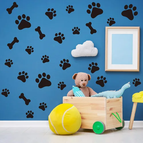 Vista 4 de Epakh 144 calcomanías con estampado de pata de perro y hueso, calcomanías de pared extraíbles de pata de cachorro, decoración de huellas