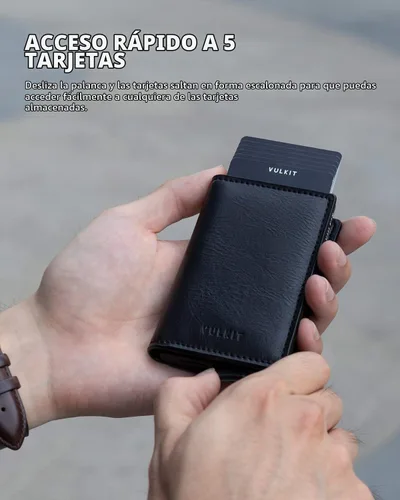Vista 2 de VULKIT Tarjetero Pop Up Slim Wallet Cuero RFID Bloqueo Tarjetero Caja Hasta 8 Tarjetas de Crédito Negro