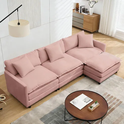 Vista 13 de Sofá modular modular de pana de 108.27 pulgadas, moderno juego de sofá para sala de estar con 3 asientos, 1 otomana y 3 almohadas, cómodos sofás