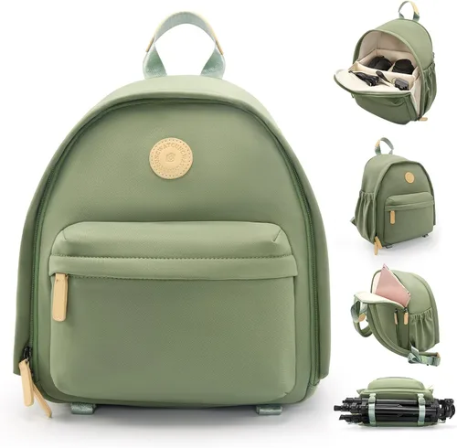 Vista 12 de Cwatcun Mochila para cámara pequeña para mujer, bolsa de cámara réflex digital de moda con correa de trípode, compartimento para laptop y divisores