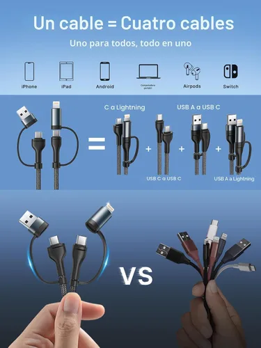 Vista 2 de Cable de carga 4 en 1, adaptador USB C Lightning USB C a USB C 60W PD [carga rápida y sincronización de datos] Cargador múltiple 4 en 1 para iPhone