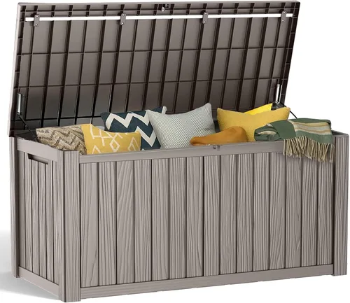 Vista 7 de Caja de resina de 30 galones para terraza, caja de almacenamiento para patio al aire libre con cierre para muebles, herramientas de jardín