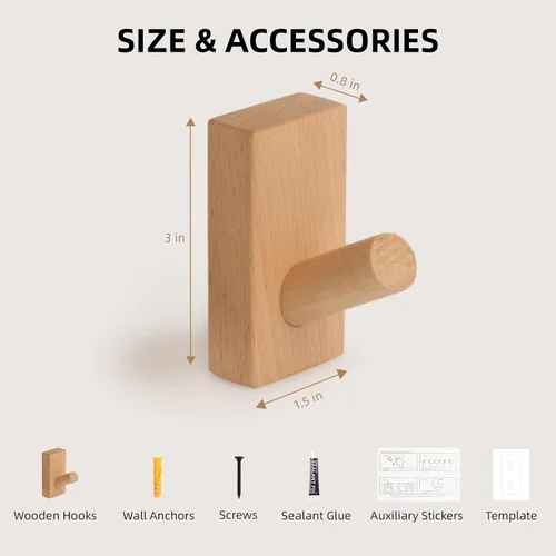 Vista 6 de Paquete de 4 ganchos de madera para pared, de madera natural, ahorro de espacio, sin daños, adhesivos para entrada, dormitorio, puerta de cocina
