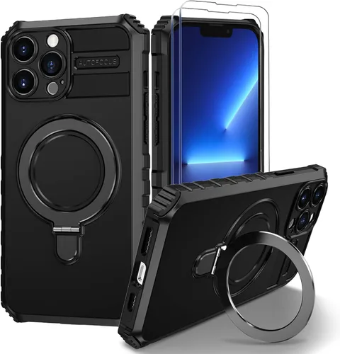 Vista 22 de Funda magnética para iPhone 11 [compatible con MagSafe] con 2 protectores de pantalla de vidrio templado con soporte de anillo, grado militar Azul