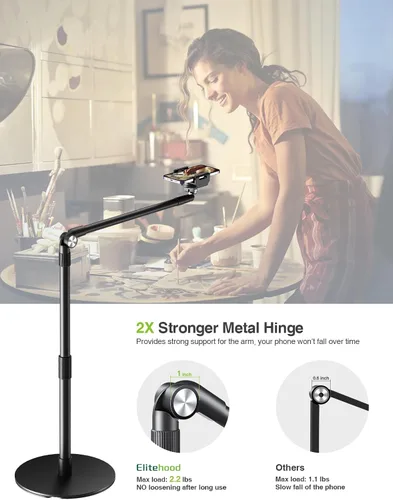 Vista 4 de elitehood Soporte de teléfono superior de aluminio resistente, soporte de iPhone de brazo largo de 15 pulgadas para grabación de video, soporte