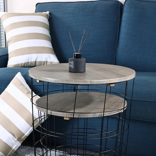 Vista 5 de Elevon Mesa auxiliar de mesa anidable, base de cesta de alambre con tapas de madera, juego de 2, gris