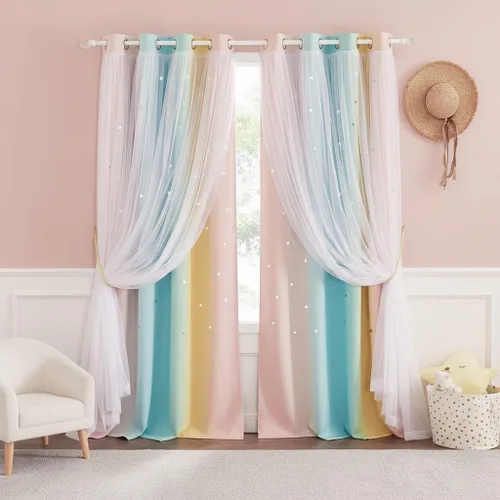 Vista 10 de NICETOWN Cortinas para Dormitorio de Niñas Infantiles con Estrellas Caladas Ventana 2 Capas Cortina 63 Pulgadas de Longitud Oscurecimiento