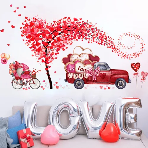 Vista 3 de 2 hojas grandes de decoración de pared para el día de San Valentín, calcomanías de pared de árbol de corazón rosa y rojo para decoración de pared