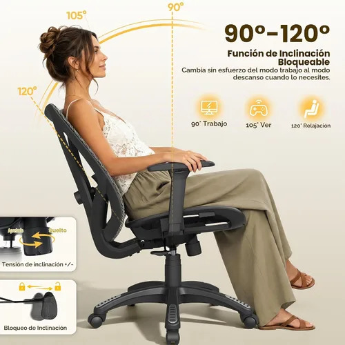 Vista 7 de Silla de oficina ergonómica, sillas de escritorio de malla para computadora con certificación BIFMA X5.1, soporte lumbar ajustable, brazo 3D