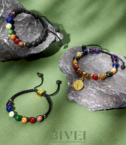 Vista 4 de Pulseras de cuentas de chakras para mujer, 0.315 in, 7 chakras, pulsera curativa con piedras reales, joyería de piedras preciosas para meditación