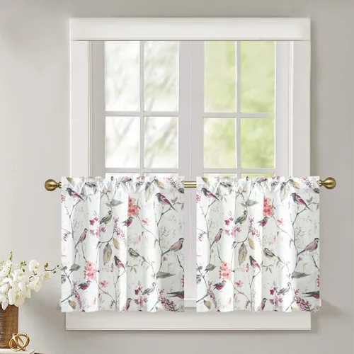 Vista 14 de Leeva - Cortinas pequeñas con estampado de pájaros, 24 pulgadas de largo, conjunto de paneles para ventanas, diseño de estampado de pájaros