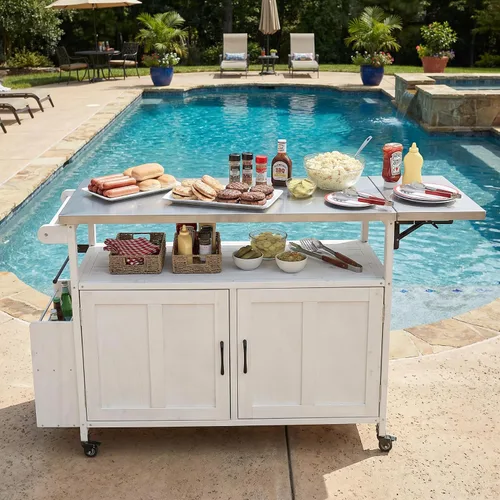 Vista 14 de JIVOIT Isla de cocina al aire libre de 78.3 pulgadas con mesa plegable, carrito de madera para exteriores con almacenamiento de basura y parte