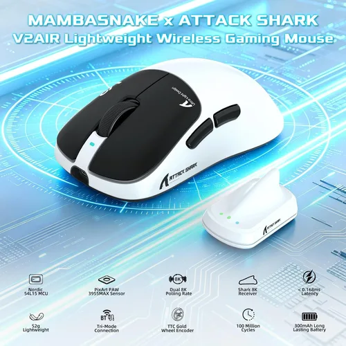 Vista 2 de MAMBASNAKE Ratón inalámbrico para juegos Attack Shark V2 AIR 8K, 1.83 oz Tinta negra y cinta