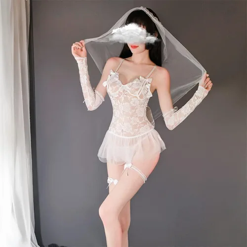 Vista 4 de Vestido de novia de cosplay para mujer, conjunto de lencería sexy de anime japonés