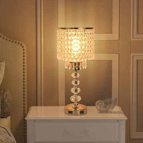 Vista 6 de Lámpara de mesa de cristal con control táctil, regulable de 3 vías, lámpara pequeña para mesita de noche con 2 puertos de carga USB, lámpara de mesa