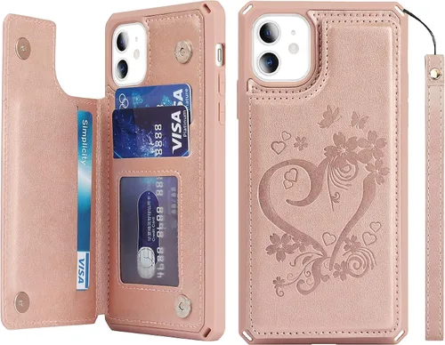 Vista 21 de iCoverCase Funda compatible con iPhone 11 con tarjetero para mujer, bloqueo RFID en relieve, piel sintética con correa de muñeca de 6.1 pulgadas