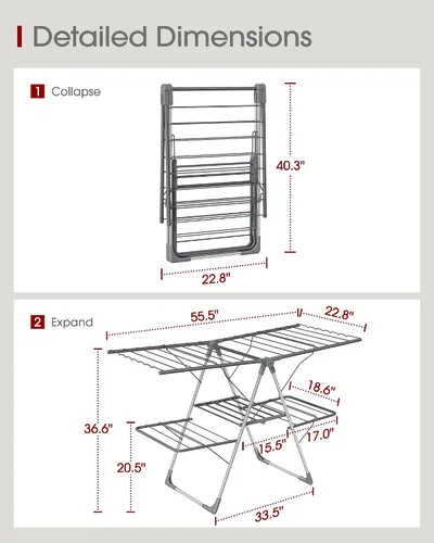 Vista 4 de Sakugi Escurridor de ropa, plegable de 2 niveles con alas ajustables en altura, para ropa y ropa de cama, estante independiente que ahorra espacio