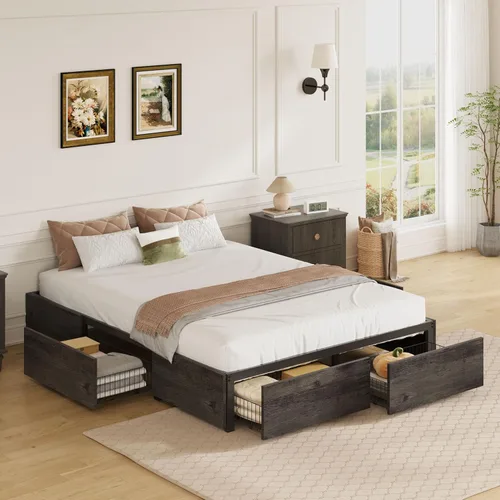 Vista 9 de LIKIMIO Base de cama Queen con 4 cajones de almacenamiento, color gris Gris carbón