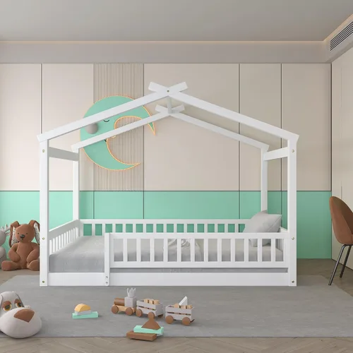 Vista 14 de RUNNA Marco de cama de madera de tamaño matrimonial con valla, para niños, adolescentes, niñas, niños, (Natural-Thinck 4col)