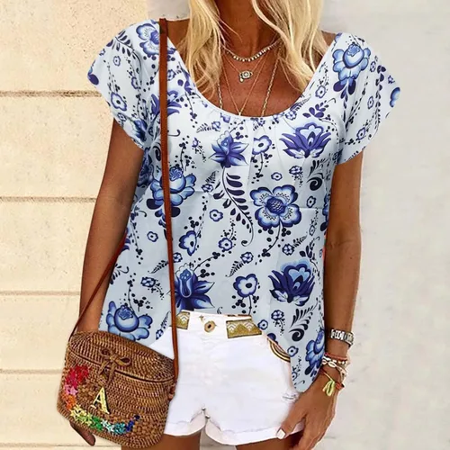 Vista 2 de Women Shirts Casual Short Sleeve Tops Women Fashion Geometric Print Round Neck Short Sleeve Short Shirts for Women