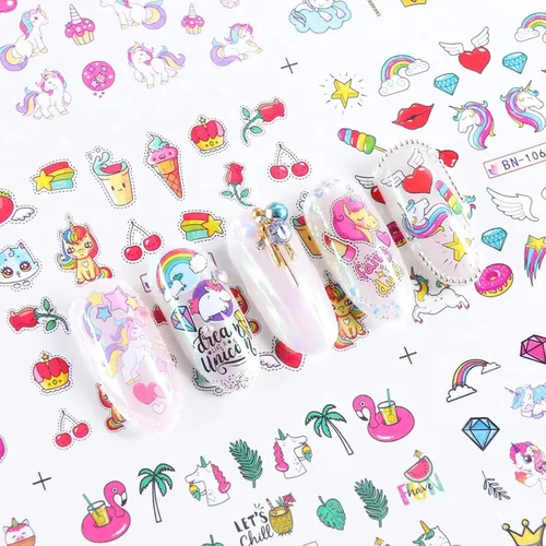 Vista 4 de Calcomanías de uñas de unicornio, calcomanías de transferencia de agua, calcomanías de uñas de corazón, unicornio, arcoíris, dona, diseño de uñas