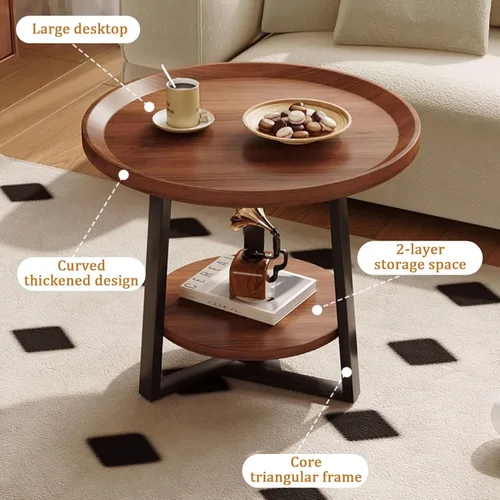 Vista 4 de YVYKFZD Round Coffee Table, 2 Tier Wood Center Table for Living Room, Fluted Tea Table with Metal Frame, Farmhouse Cocktail Table End Table(Walnut
