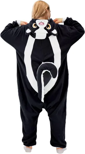 Vista 6 de YUNTAISHAN Pijama de skunk para adultos, disfraz de skunk para cosplay, disfraz de animal de Halloween, mono de una pieza para hombres y mujeres