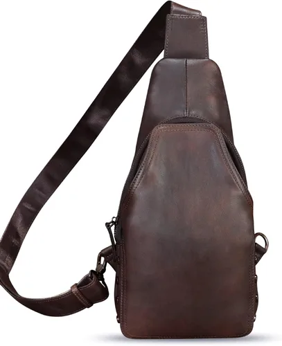 Vista 6 de Bolso de cuero genuino para mujeres y hombres hecho a mano de cuero bandolera mochila pecho bolso bandolera bandolera, Café, Mochilas Sling