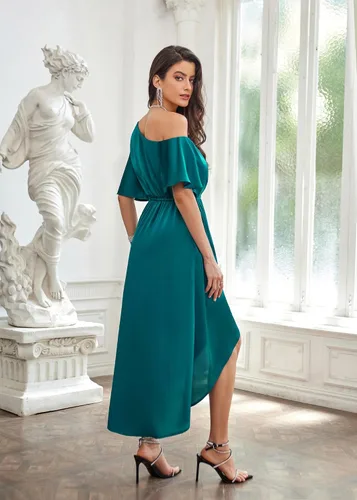 Vista 5 de GRACE KARIN Vestidos de satén con un hombro descubierto para mujer, vestidos fruncidos en línea A, vestidos formales de cóctel para invitados de boda
