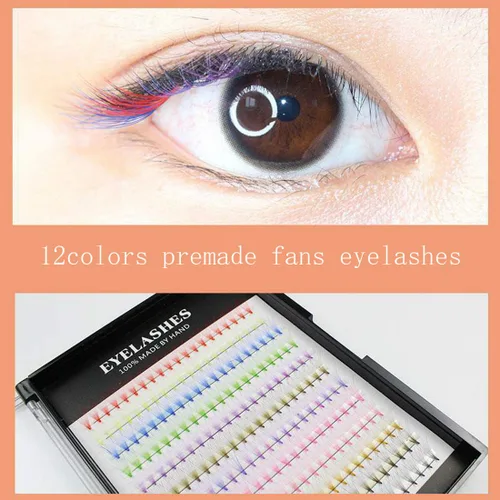 Vista 2 de 12 colores mezclados, 240 abanicos prefabricados 10D, extensiones de pestañas naturales de volumen largo, suaves y ligeras, coloridas pestañas