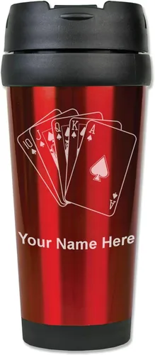 Vista 7 de LaserGram Taza de viaje de café de 16 onzas, tarjetas de póquer Royal Flush con grabado personalizado incluido (negro)