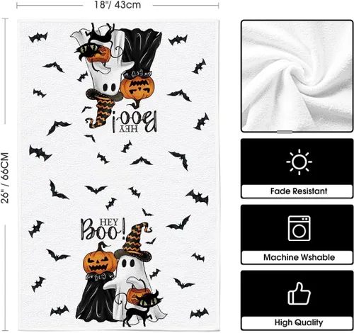 Vista 6 de Artoid Mode Juego de 2 toallas de cocina de Halloween, diseño de murciélagos y murciélagos fantasmas, 18 x 26 pulgadas, decoración de temporada