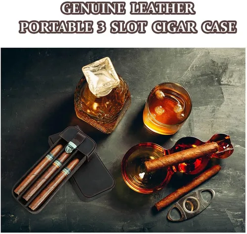 Vista 3 de CONTACTS Crazy Horse - Estuche de cuero para cigarros, caja de cigarros de viaje, 3 ranuras, funda para humidor, organizador portátil por Handmade